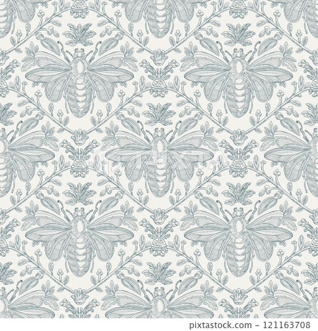 Bee and Floral Seamless Pattern: Elegant Vector Illustration for Fabrics, Wallpapers, and Packaging Design 121163708