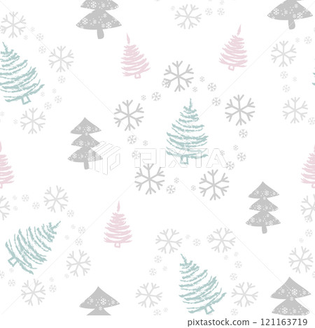 Seamless pattern with Christmas trees and snow. Xmas tree hand drawn, template for new year greeting card or packaging decoration holiday - Vector 121163719