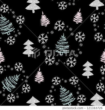 Seamless pattern with Christmas trees and snow. Xmas tree hand drawn, template for new year greeting card or packaging decoration holiday - Vector 121163726