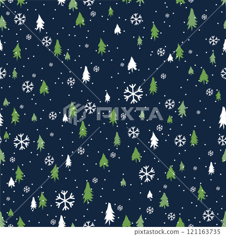 Silhouettes seamless pattern with cute forest. Pine trees, Christmas trees, fir. Vector 121163735