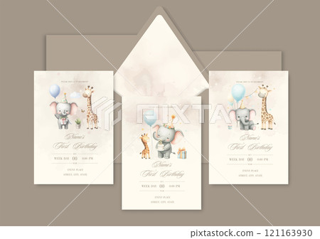 Watercolor Invitation Birthday Template card with animal friends celebrate birthday with cake and gifts. 121163930