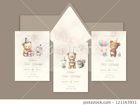 Watercolor Invitation Birthday Template card with animal friends celebrate birthday with cake and gifts. 121163931