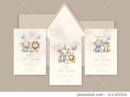 Watercolor Invitation Birthday Template card with animal friends celebrate birthday with cake and gifts. 121163932