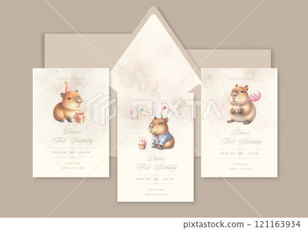 Watercolor Invitation Birthday Template card with animal capybara celebrate birthday with cake and gifts. 121163934