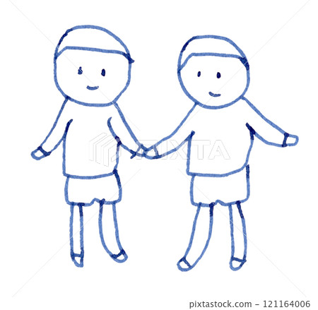 兩個孩子微笑著握著手的手寫線條畫插圖_鋼筆藍黑色染料墨水 121164006