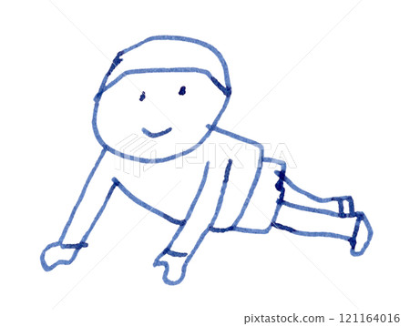 A line drawing of a child smiling and stretching his legs with both hands on the floor, hand-drawn illustration_Fountain pen blue-black dye ink 121164016