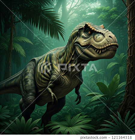 Tyrannosaurus rex with prehistoric landscape. Ai generated. 121164318