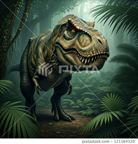 Tyrannosaurus rex with prehistoric landscape. Ai generated. 121164320