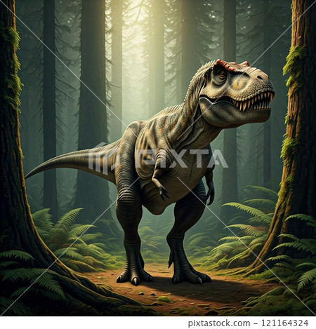 Tyrannosaurus rex with prehistoric landscape. Ai generated. 121164324