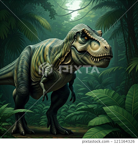 Tyrannosaurus rex with prehistoric landscape. Ai generated. 121164326