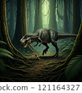 Tyrannosaurus rex with prehistoric landscape. Ai generated. 121164327