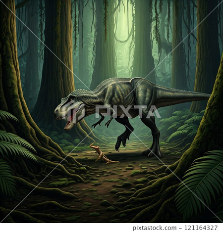 Tyrannosaurus rex with prehistoric landscape. Ai generated. 121164327