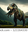 Tyrannosaurus rex with prehistoric landscape. Ai generated. 121164330