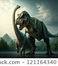 Tyrannosaurus rex with prehistoric landscape. Ai generated. 121164340
