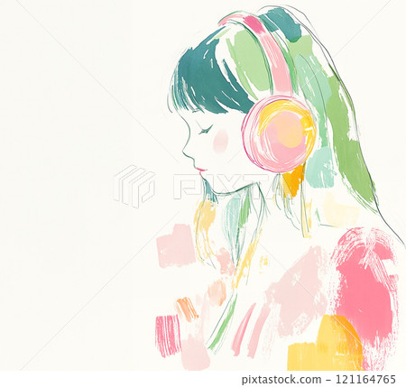 水彩風格的女孩戴著耳機聽音樂 121164765