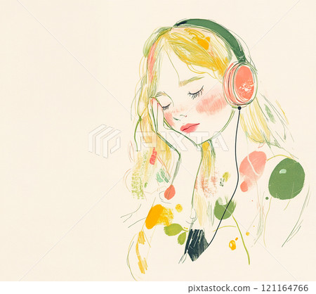 水彩風格的女孩戴著耳機聽音樂 121164766