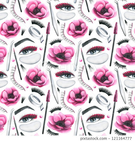 False eyelashes for extensions, tweezers, women's eyes, patches and flowers. Hand drawn watercolor illustration. Seamless pattern on a white background 121164777