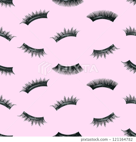 False eyelashes for tape extensions. Hand drawn watercolor illustration. Seamless pattern on a pink background 121164782