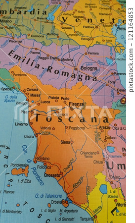 A map of part of Italy, with Tuscany, the islands and the bordering regions. 121164853