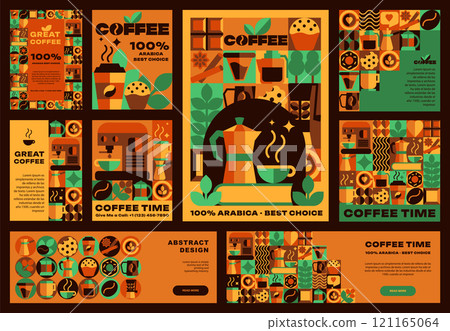 The banners and posters, flyers, cards of Bauhaus Coffee with seamless patterns, Icons, Abstract Symbols, logo in Geometric Vector Art Design for advertising illustrations, etc 121165064
