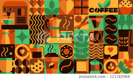 Bauhaus Coffee Pattern with Icons and Abstract Symbols, Beans, Cups, and More in Geometric Vector Art Design for Cafe and Coffee Shops, etc 121165068