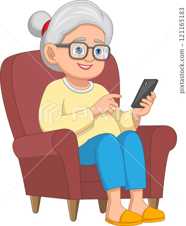 Cartoon grandma sits on the sofa and plays with her phone 121165183