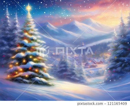 Enchanting winter landscape with illuminated Christmas tree in foreground. Snow-covered mountains and cozy village nestled in valley, for holiday card, festive promotion, winter wonderland theme. Enchanting winter landscape with illuminated Christmas tree in foreground. Snow-covered mountains and cozy village nestled in valley, for holiday card, festive promotion, winter wonderland theme. 121165409