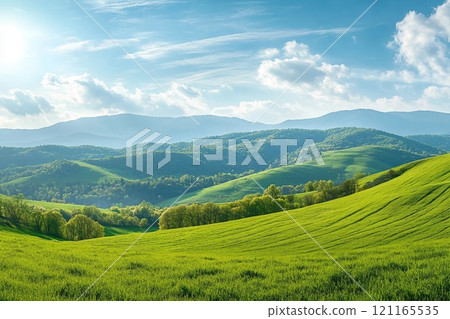 panorama of beautiful countryside of romania. sunny afternoon. wonderful springtime landscape in mountains. grassy field and rolling hills. rural scenery panorama of beautiful countryside of romania. sunny afternoon. wonderful springtime landscape in mountains. grassy field and rolling hills. rural scenery 121165535