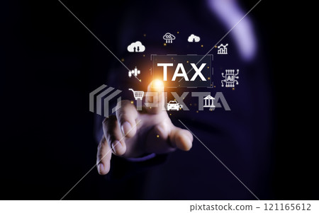 tax concept, Businessman pointing to tax icon and there are spending icons around it instead, investment returns, income, retirement Compensation fund, investment, dividend tax. 121165612