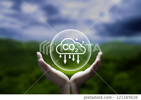 Carbon fixation fights nature. Arrows pointing up indicate carbon reduction. Carbon credit market and net zero exchange trading concept . carbon footprint to limit global warming and climate change. 121165616