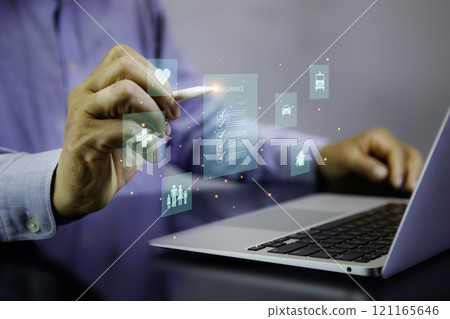 Online insurance concept. Online warranty documents Insurance for family and life, finance and health insurance. The heart shield icon represents the protection of loved ones. 121165646