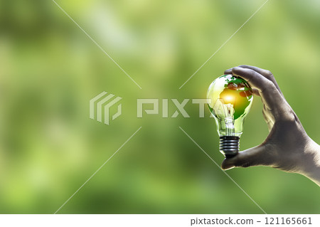 Energy Renewable sustainable. green world in bulb at hand on nature green background. light bulb energy sources for renewable idea innovation inspiration. Net zero emission  Environmental protection. 121165661