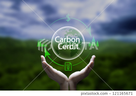 Investing in the carbon credit market natural garden background, carbon footprint. global warming and climate change. earth day ,friendly energy, exchange and financial investment stock market. 121165671