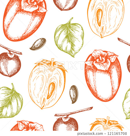 Vintage seamless pattern with persimmon fruits. 121165708