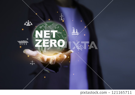 Net zero icon, carbon neutral and ESG concept. net zero greenhouse gas emissions target Climate neutral. Human hand holding eco green energy system icon around background. 121165711