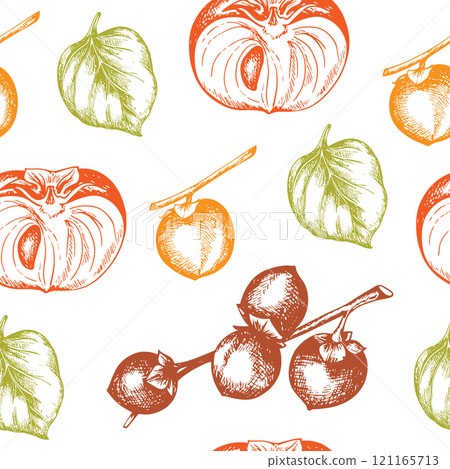 Vintage seamless pattern with persimmon fruits and leaves. 121165713