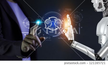 AI, Machine learning language, Robotic hand and human touch global virtual represents the exchange of artificial intelligence brains with humans. Exchange of human thoughts. AI technology essential. AI, Machine learning language, Robotic hand and human touch global virtual represents the exchange of artificial intelligence brains with humans. Exchange of human thoughts. AI technology essential. 121165721