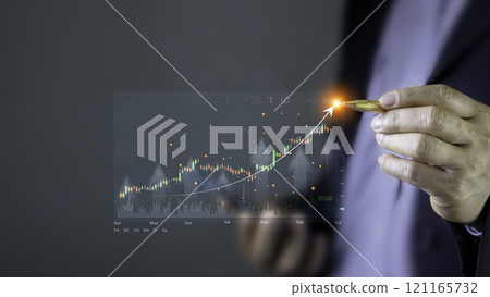 investment stock market growth graph Wealth. Business growth, progress or success concept. Businessman or trader is showing a growing virtual hologram stock. Rowing power of compound interest. 121165732
