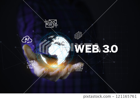 network Web 3.0 concept, man working using web3.0 analyzing data on futuristic virtual screen technology. Cutting-Edge Technology, decentralized technology data. 121165761