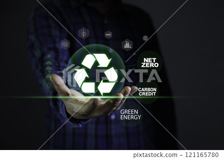 Net zero, carbon neutrality, Renewable energy concept. Net zero and Green energy icon around it at on hand. Green Energy Renewable Sustainable. Net zero emission Idea innovative. 121165780