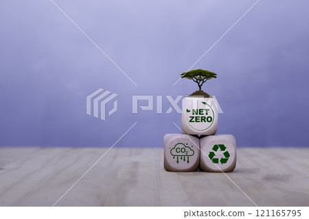 Net zero icon at wood box on wonder floor at concrete wall background. net zero for environmental, social, sustainable and ethical. Net zero emission Idea innovative carbon neutrality in 2050. Net zero icon at wood box on wonder floor at concrete wall background. net zero for environmental, social, sustainable and ethical. Net zero emission Idea innovative carbon neutrality in 2050. 121165795