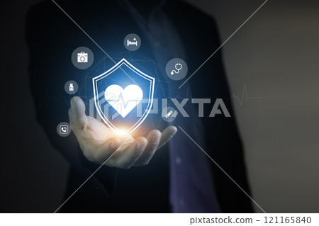 Life insurance concept. Insurance for family and life Finance and health insurance. The heart shield icon represents protecting what is dear. Life insurance concept. Insurance for family and life Finance and health insurance. The heart shield icon represents protecting what is dear. 121165840
