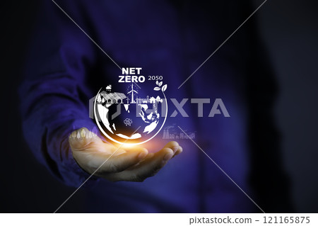Net zero in 2050 , Reduce emissions, carbon neutral and ESG concept. net zero greenhouse gas emissions target Climate neutral. Human hand holding eco green energy system. 121165875