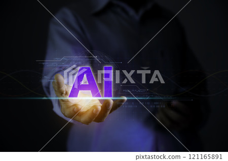 Ai icon at Business hand. Ai technology analysis concept, AI technology Machine learning for data analysis and management.  With artificial intelligence (AI)and information exchange. 121165891