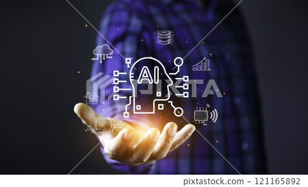 Ai icon at Business hand. Ai technology analysis concept, AI technology Machine learning for data analysis and management.  With artificial intelligence (AI)and information exchange. 121165892