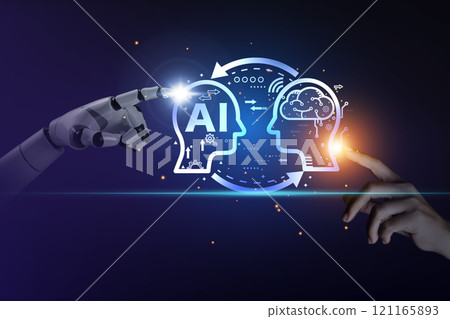artificial intelligence Machine learning concept. Robot hand and business hand pointing to AI icon. With artificial intelligence machine learning language. AI technology Machine learning management. 121165893