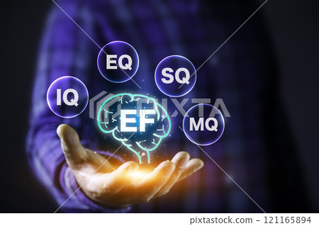 EF (Executive Functions), EF, IQ, EQ, SQ, and MQ icon at hand. Young children's brain skills It plays an important role in other skills such  IQ, EQ, SQ, and MQ grow with quality and success in life. 121165894