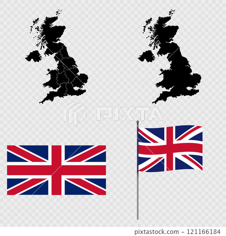 Set of maps, flag and flagpole of UK. Vector illustration. 121166184