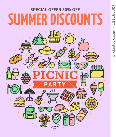 Summer Discounts Best Price for Picnic Party Concept Vertical Invitation Placard Poster Banner Card Template. Vector Summer Discounts Best Price for Picnic Party Concept Vertical Invitation Placard Poster Banner Card Template. Vector 121166304