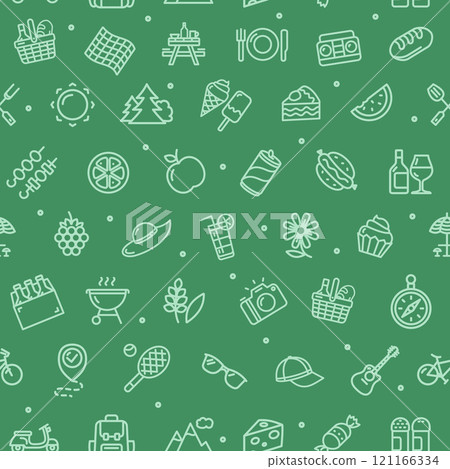 Picnic Party Concept Thin Line Sign Seamless Pattern Background. Vector 121166334